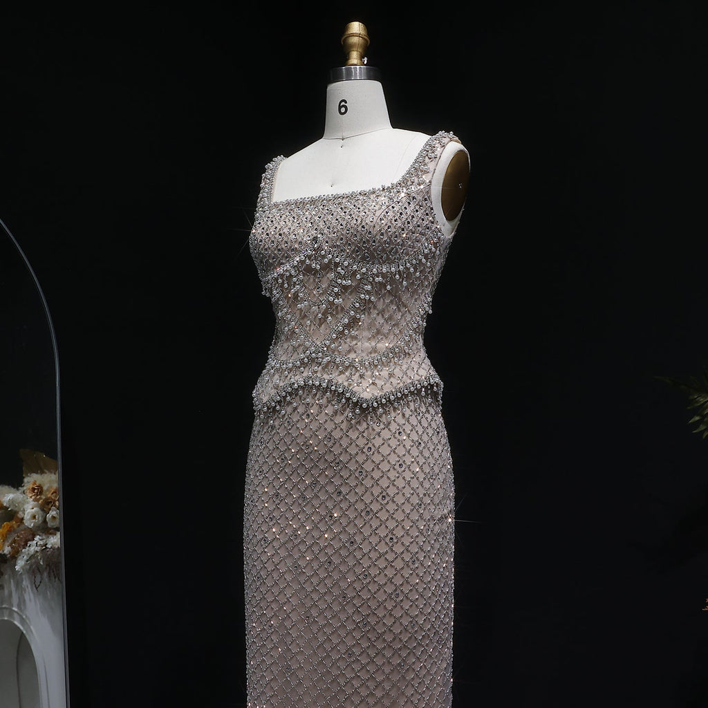 Luxury Gray Beaded Crystal Long Straight Evening Dress SS631
