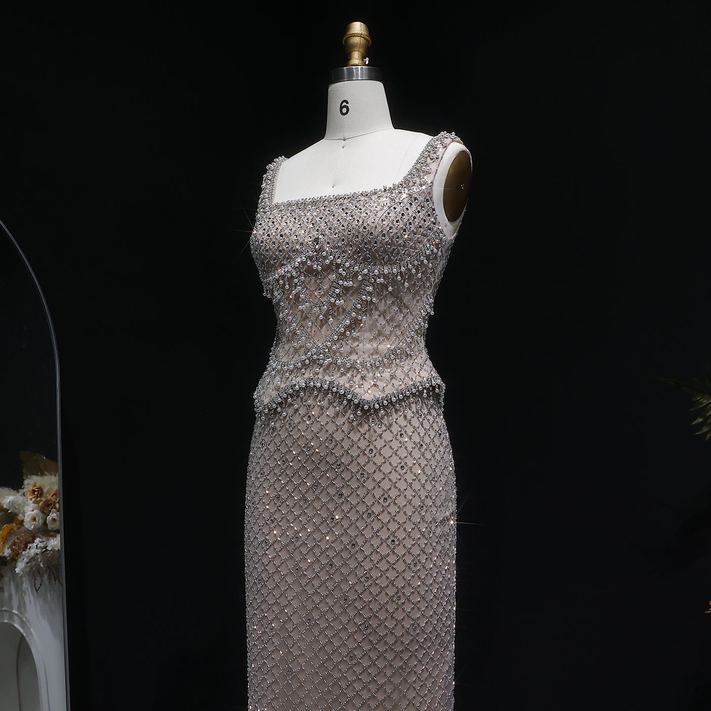 Luxury Gray Beaded Crystal Long Straight Evening Dress SS631