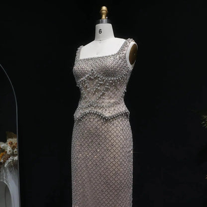 Luxury Gray Beaded Crystal Long Straight Evening Dress SS631