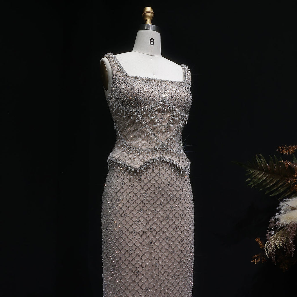 Luxury Gray Beaded Crystal Long Straight Evening Dress SS631