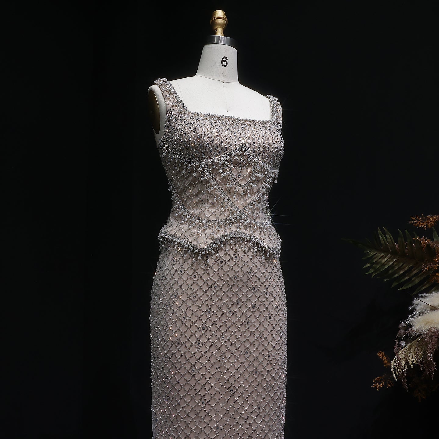 Luxury Gray Beaded Crystal Long Straight Evening Dress SS631