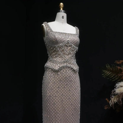 Luxury Gray Beaded Crystal Long Straight Evening Dress SS631