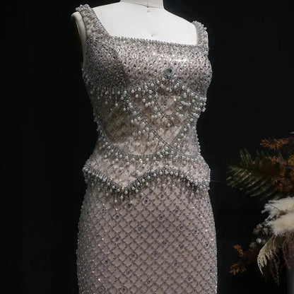 Luxury Gray Beaded Crystal Long Straight Evening Dress SS631