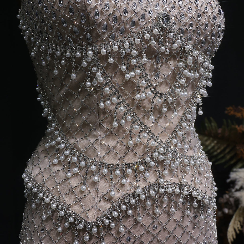 Luxury Gray Beaded Crystal Long Straight Evening Dress SS631