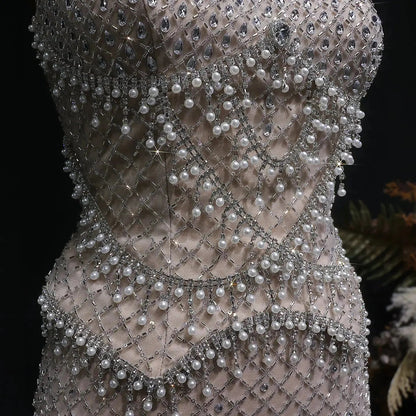 Luxury Gray Beaded Crystal Long Straight Evening Dress SS631