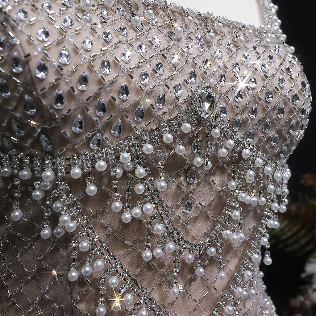 Luxury Gray Beaded Crystal Long Straight Evening Dress SS631