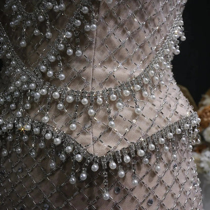 Luxury Gray Beaded Crystal Long Straight Evening Dress SS631
