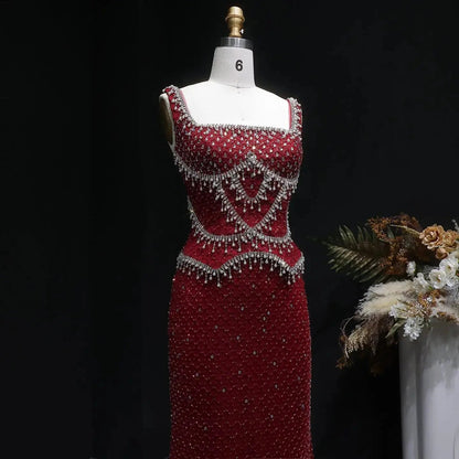 Luxury Gray Beaded Crystal Long Straight Evening Dress SS631