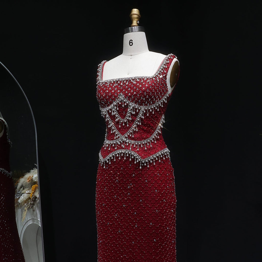 Luxury Gray Beaded Crystal Long Straight Evening Dress SS631