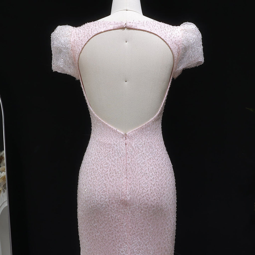 Luxury Pink Ombre Sequin Mermaid Train Evening Dress SS643