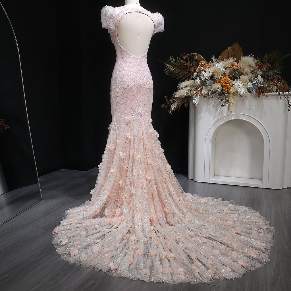 Luxury Pink Ombre Sequin Mermaid Train Evening Dress SS643