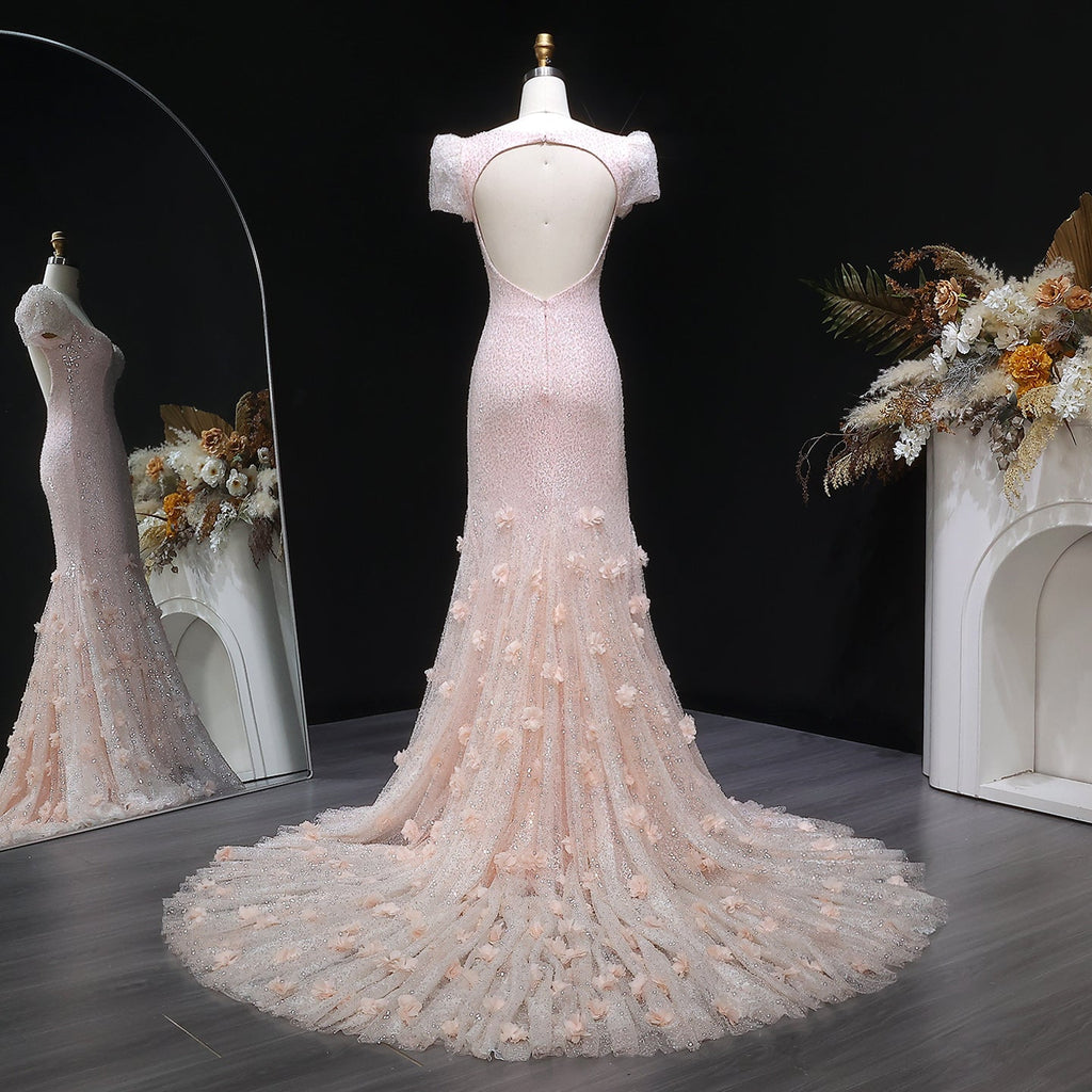 Luxury Pink Ombre Sequin Mermaid Train Evening Dress SS643
