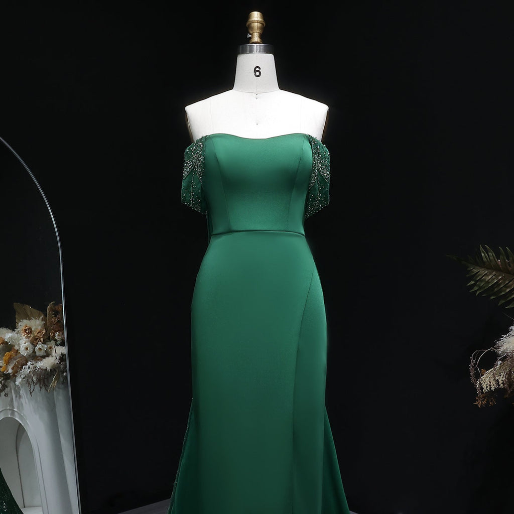 Elegant Emerald Green Beaded Evening Dress with Overskirt SS645
