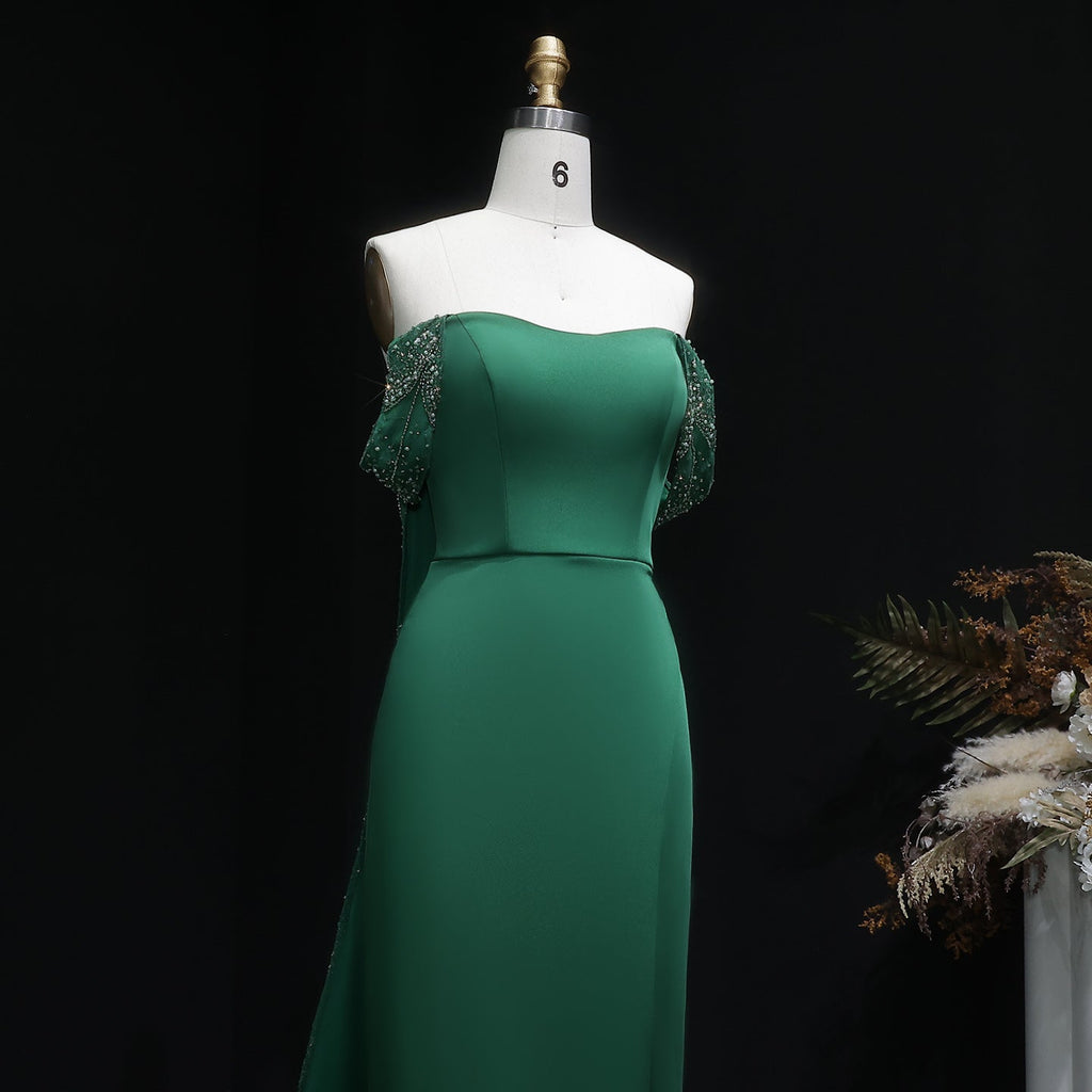 Elegant Emerald Green Beaded Evening Dress with Overskirt SS645