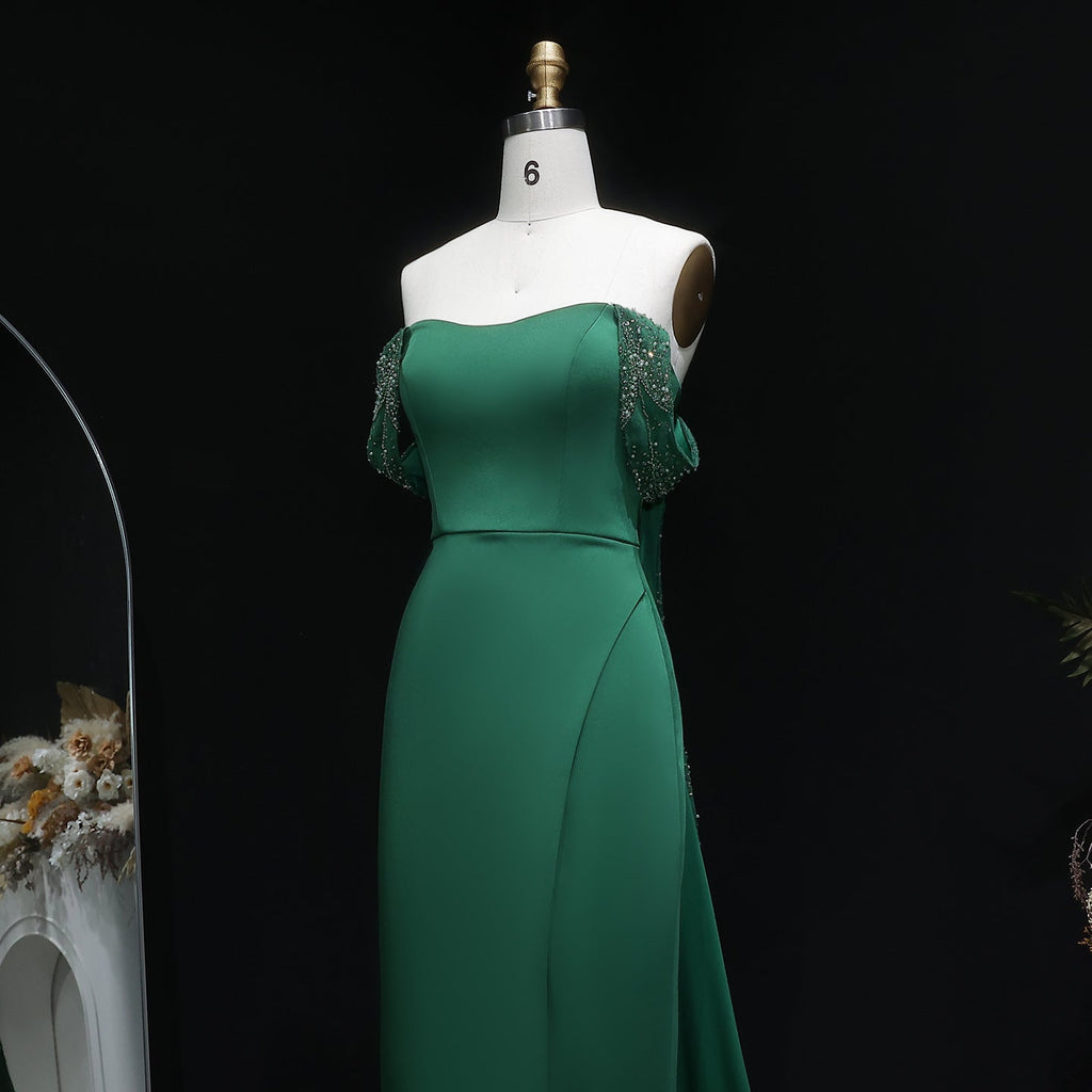 Elegant Emerald Green Beaded Evening Dress with Overskirt SS645