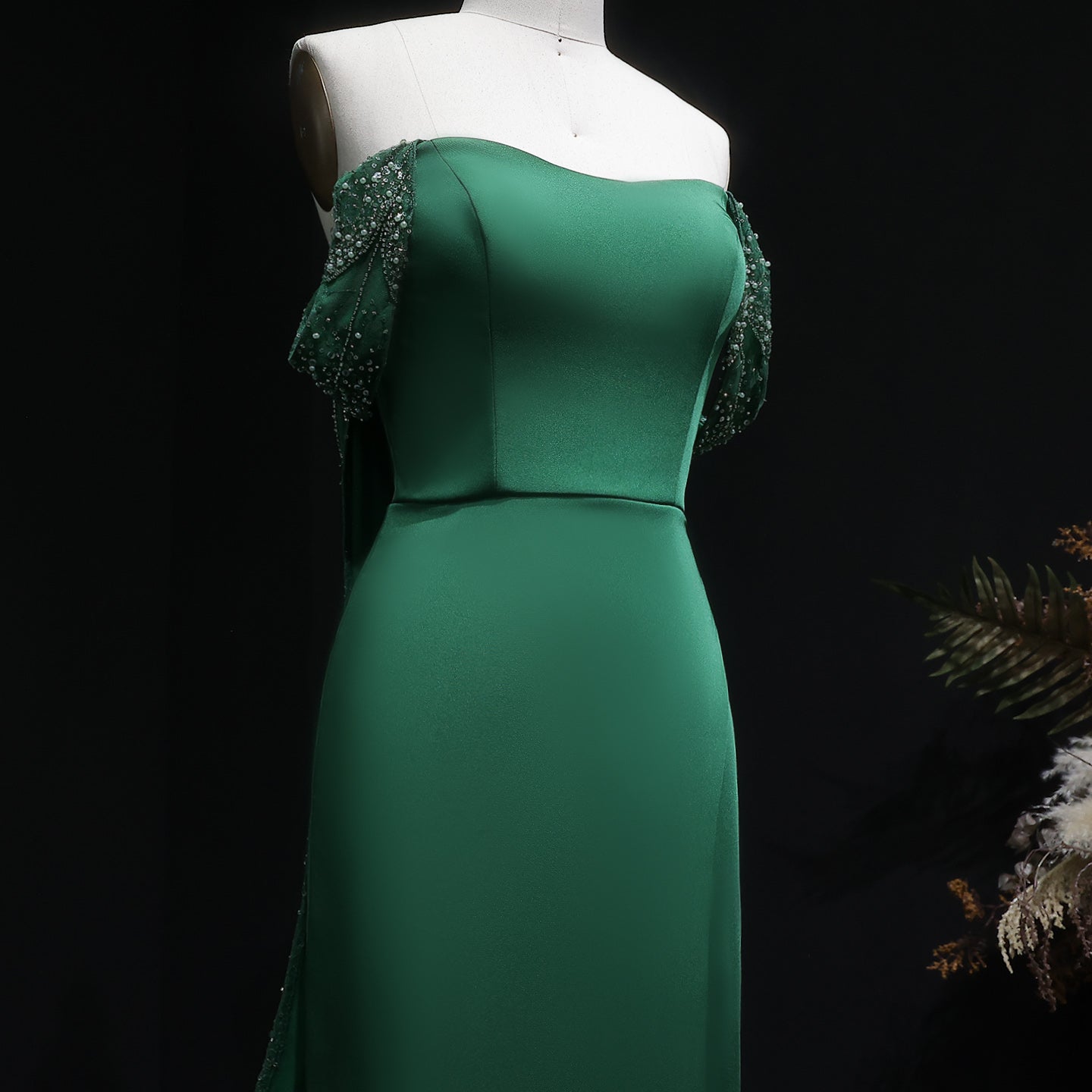 Elegant Emerald Green Beaded Evening Dress with Overskirt SS645