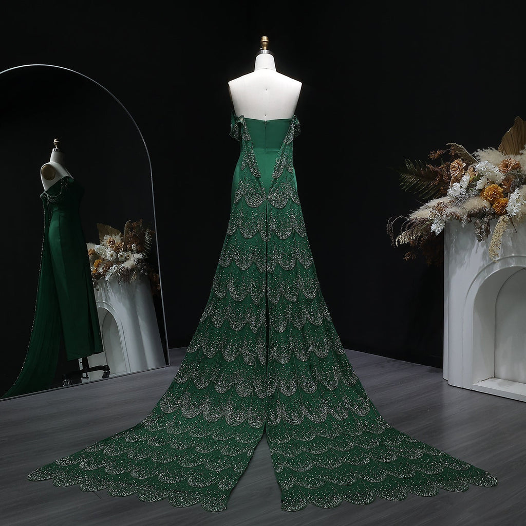 Elegant Emerald Green Beaded Evening Dress with Overskirt SS645