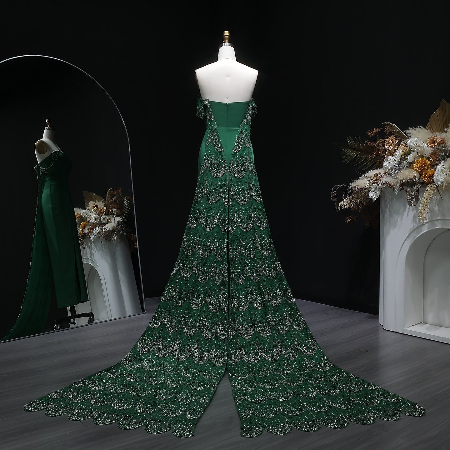 Elegant Emerald Green Beaded Evening Dress with Overskirt SS645