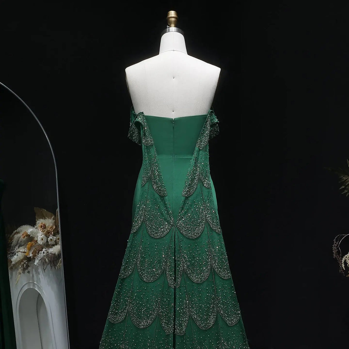 Elegant Emerald Green Beaded Mermaid Evening Dress with Overskirt SS645