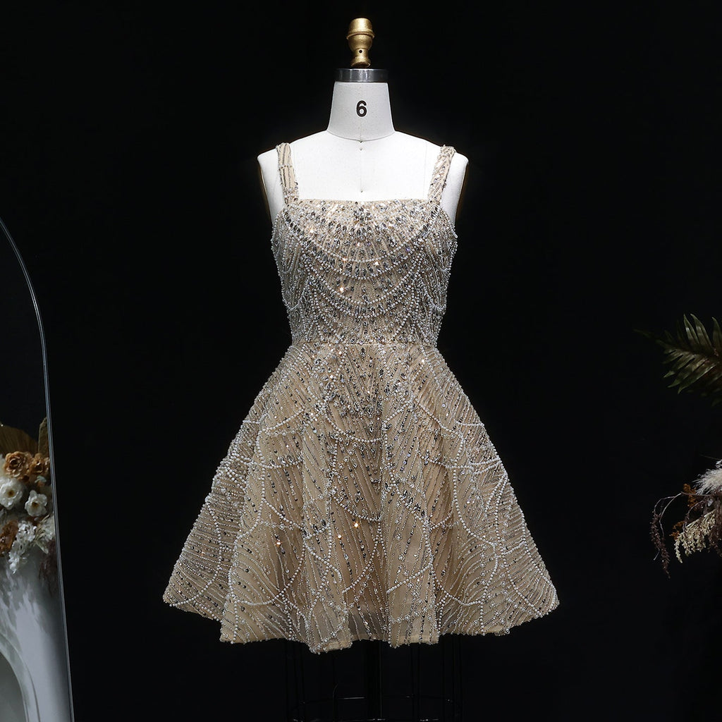 Elegant Silver Sequin Short Luxury Cocktail Party Evening Dress SS649