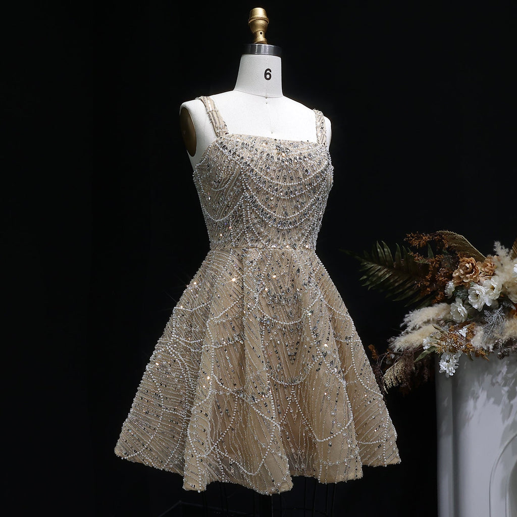 Elegant Silver Sequin Short Luxury Cocktail Party Evening Dress SS649