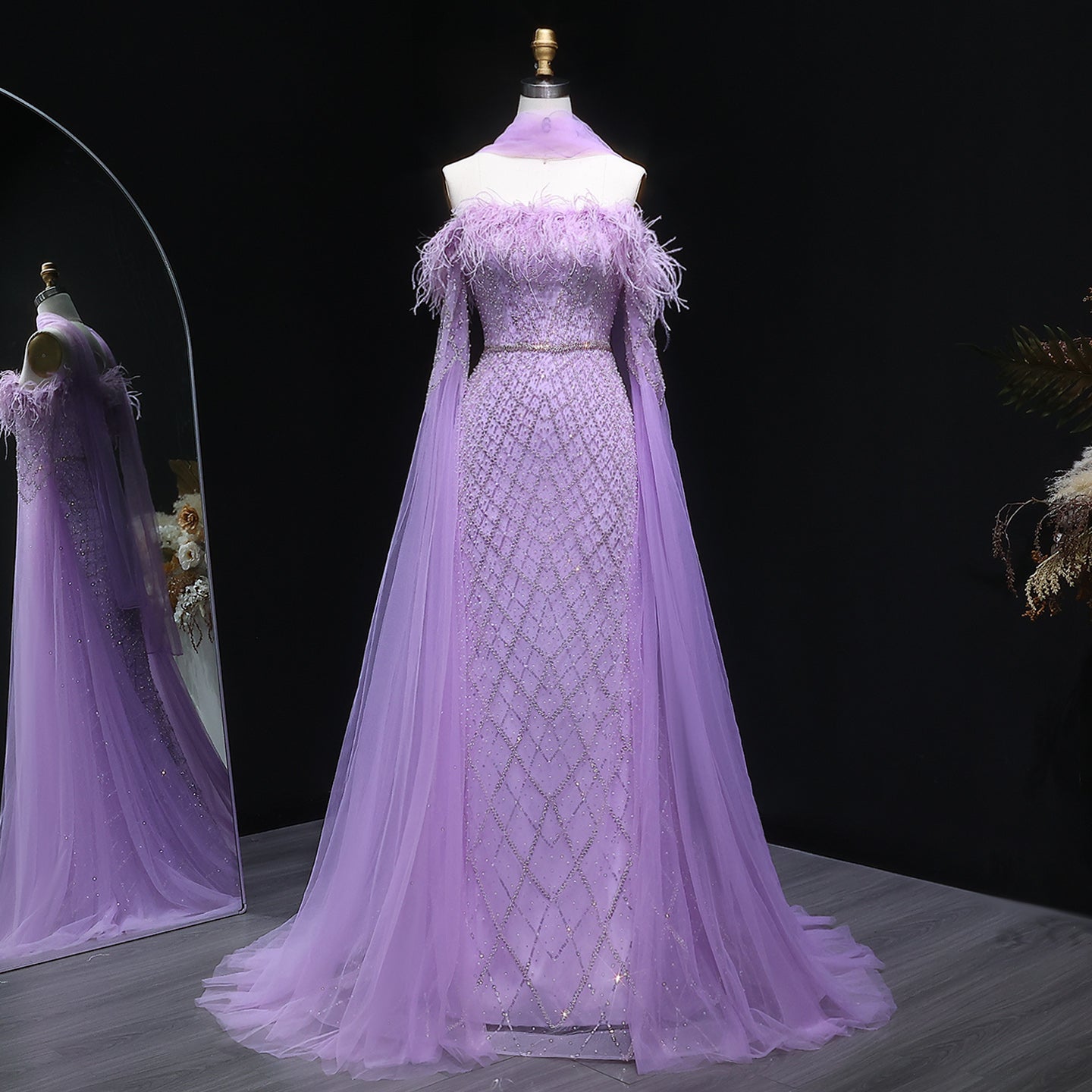 Luxury Feather Turquoise Evening Dress with Cape Sleeves SS650
