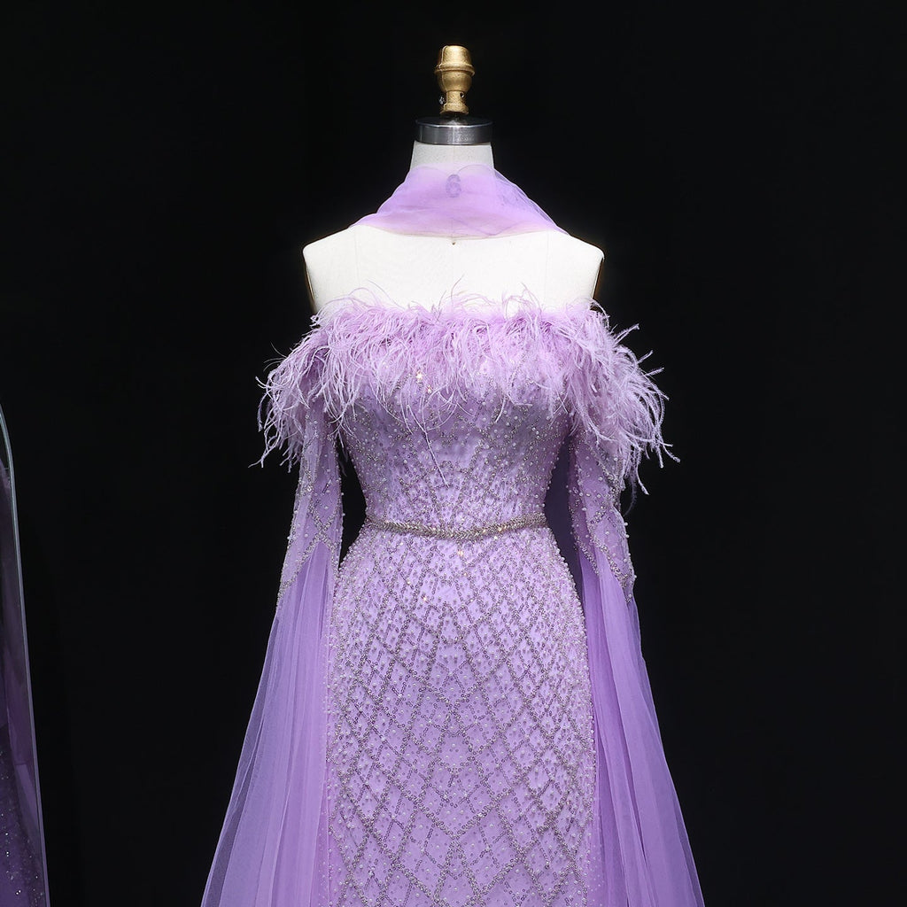 Luxury Feather Turquoise Evening Dress with Cape Sleeves SS650