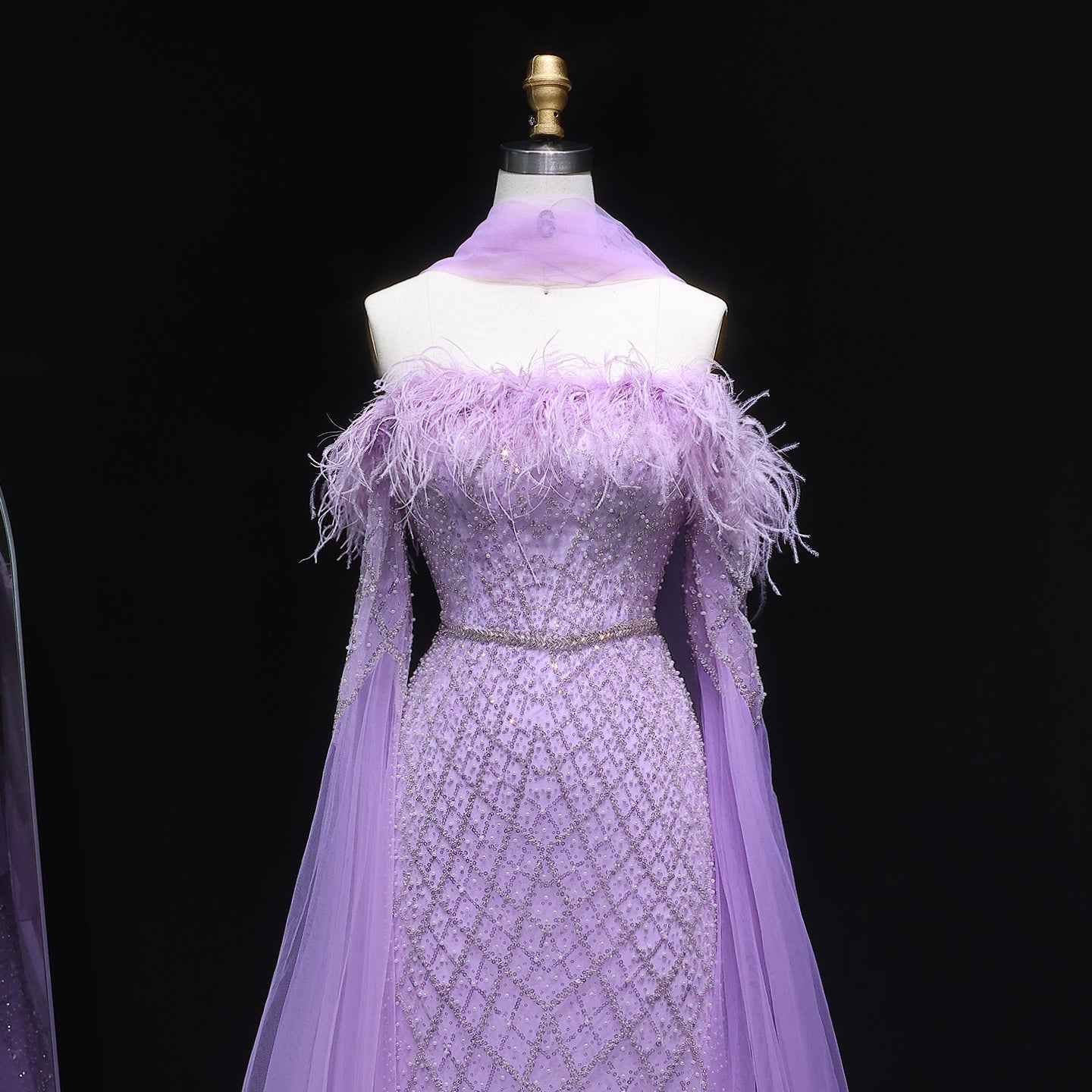 Luxury Feather Turquoise Evening Dress with Cape Sleeves SS650