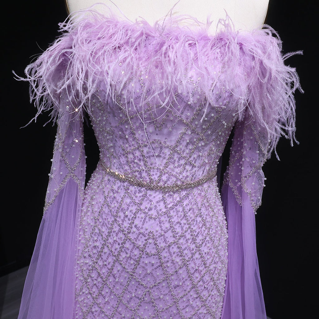 Luxury Feather Turquoise Evening Dress with Cape Sleeves SS650