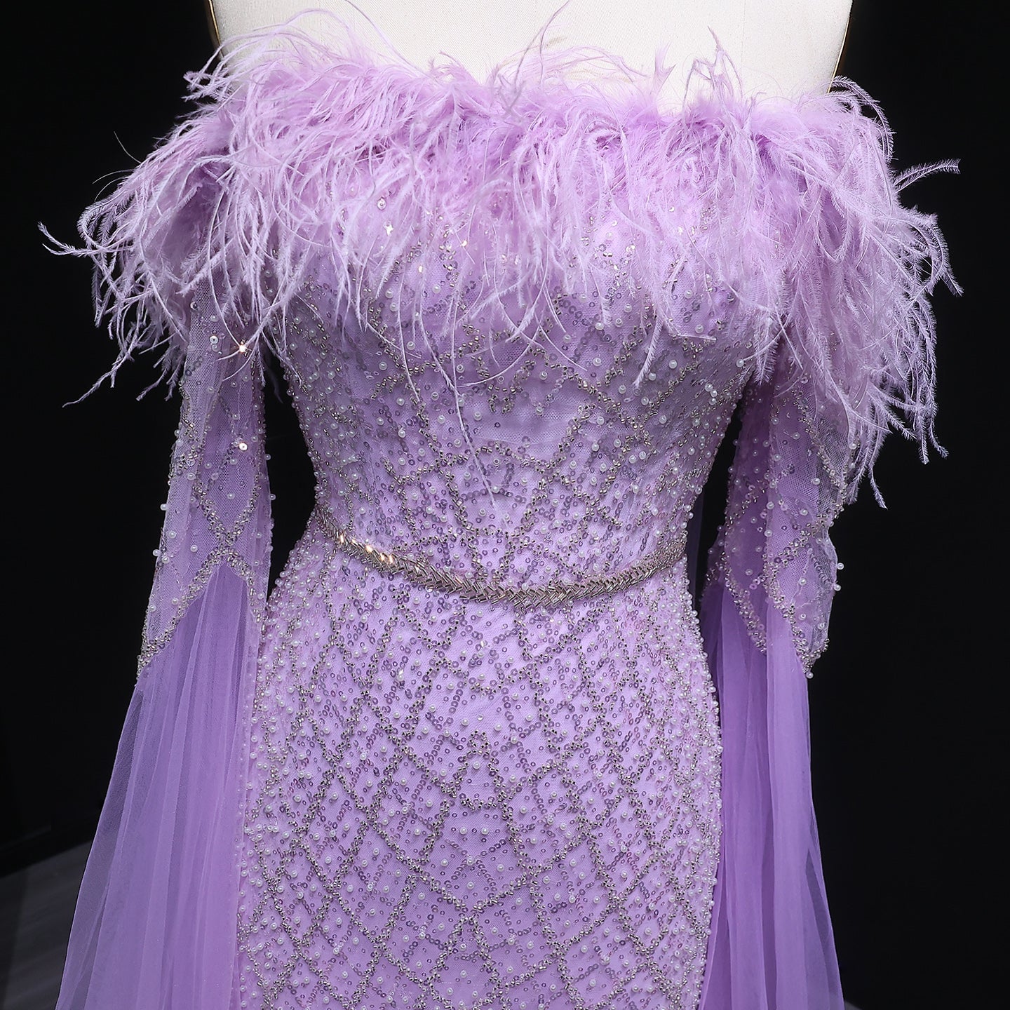 Luxury Feather Turquoise Evening Dress with Cape Sleeves SS650
