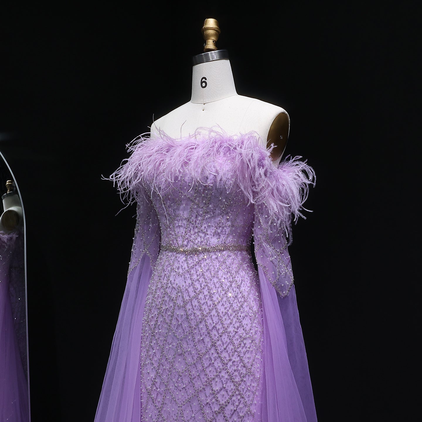 Luxury Feather Turquoise Evening Dress with Cape Sleeves SS650