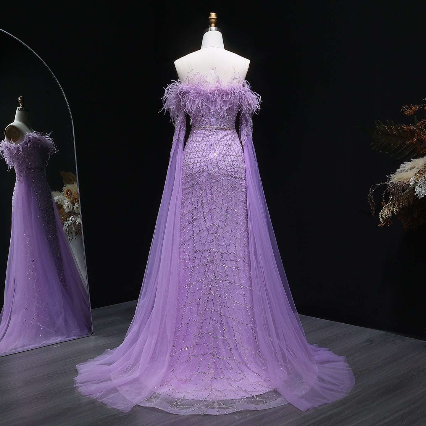 Luxury Feather Turquoise Evening Dress with Cape Sleeves SS650