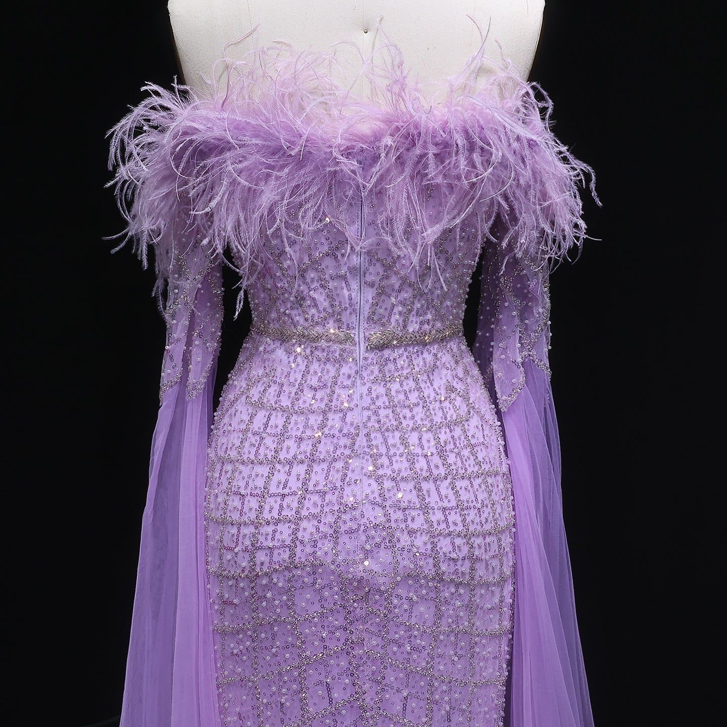 Luxury Feather Turquoise Evening Dress with Cape Sleeves SS650