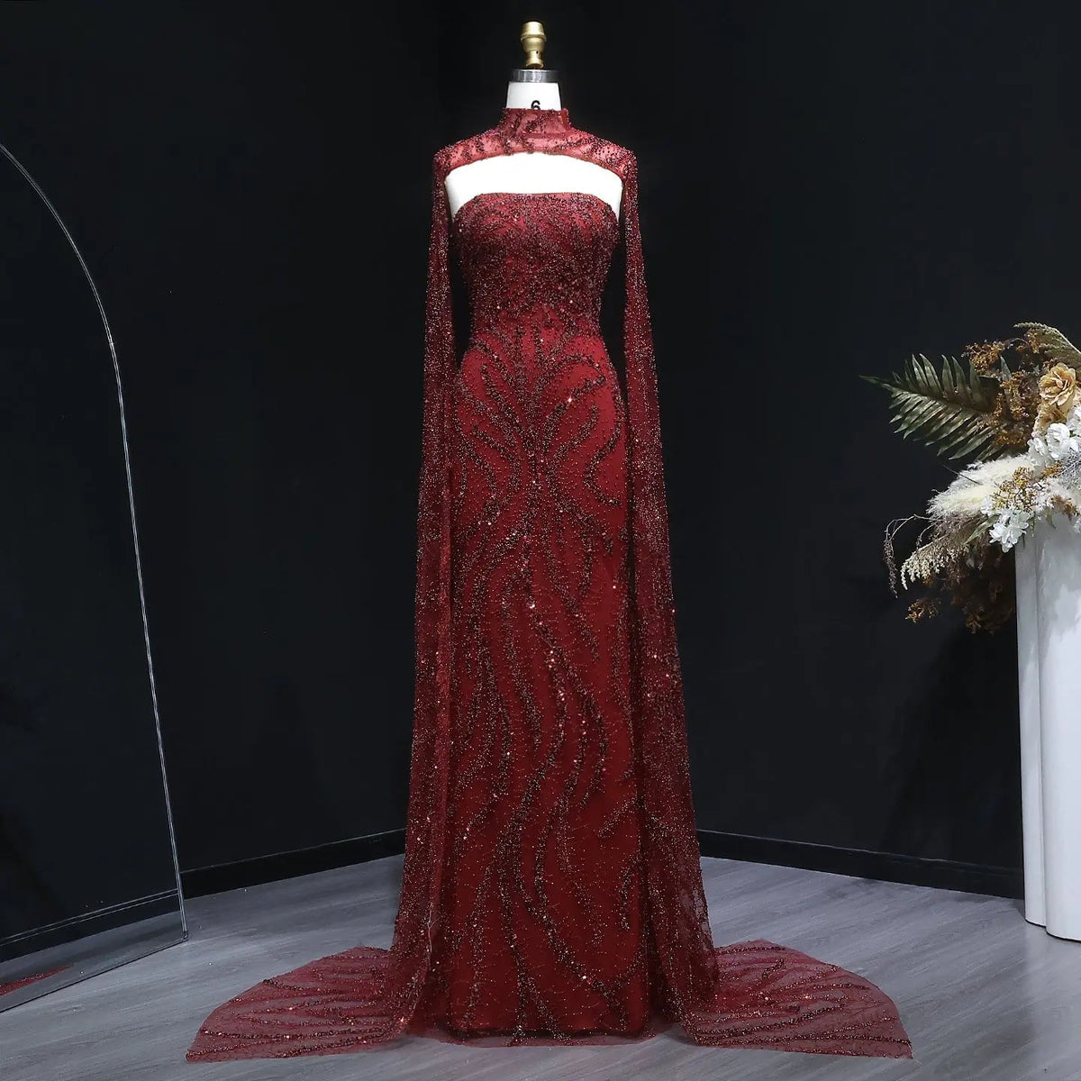 Luxury Beaded Red Mermaid Evening Dress with Cape Sleeves SS663