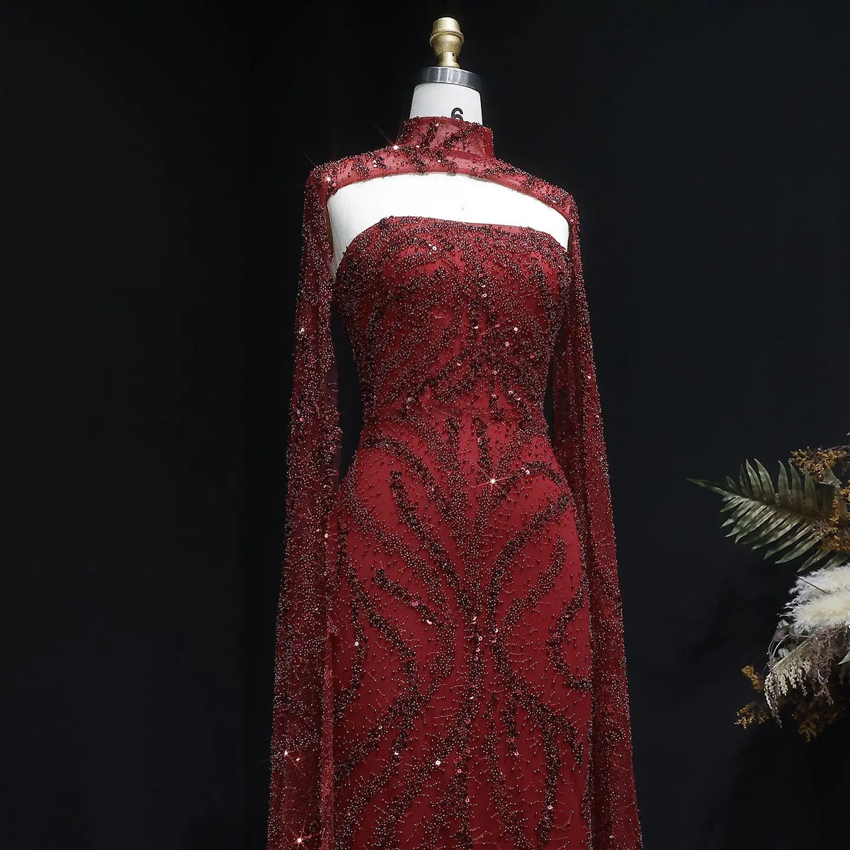 Luxury Beaded Red Mermaid Evening Dress with Cape Sleeves SS663