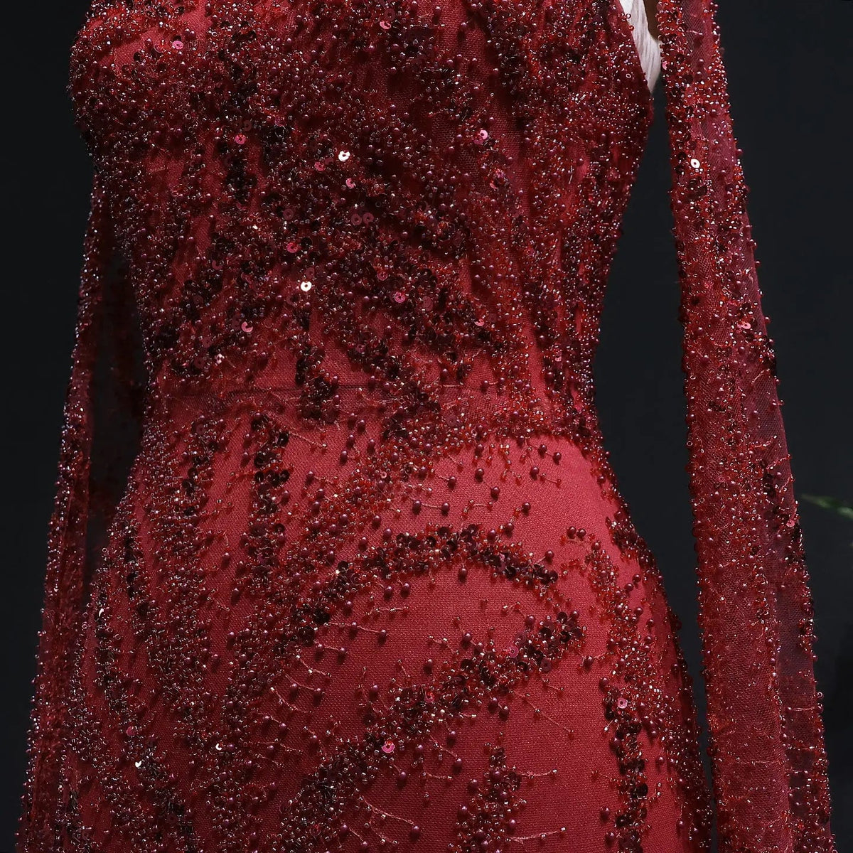 Luxury Beaded Red Mermaid Evening Dress with Cape Sleeves SS663