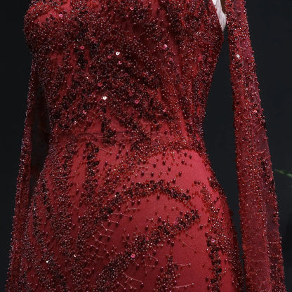 Luxury Beaded Red Mermaid Evening Dress with Cape Sleeves SS663