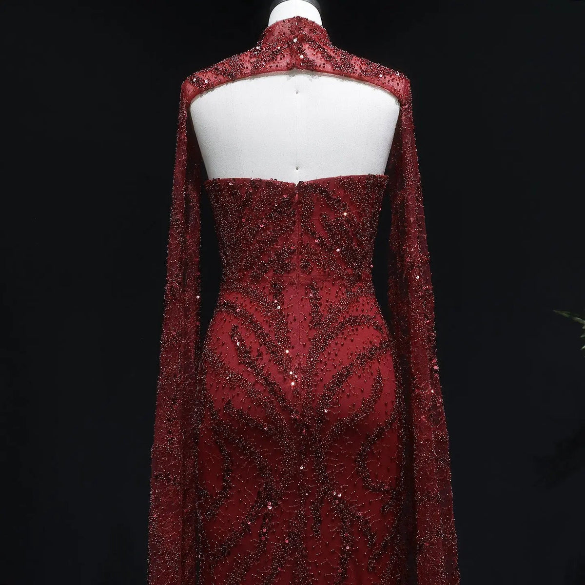 Luxury Beaded Red Mermaid Evening Dress with Cape Sleeves SS663
