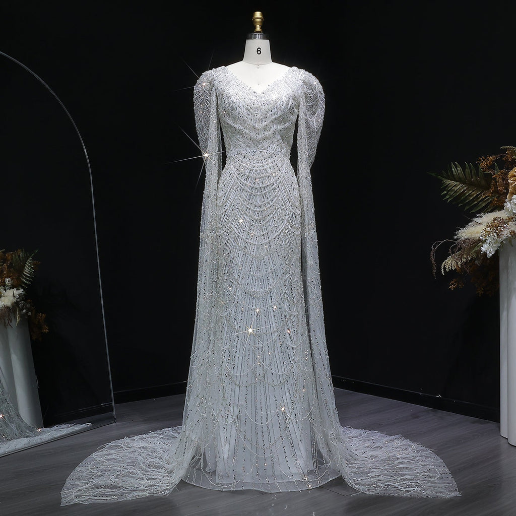 Luxury White Feather Evening Dress with Cape Sleeves SS683