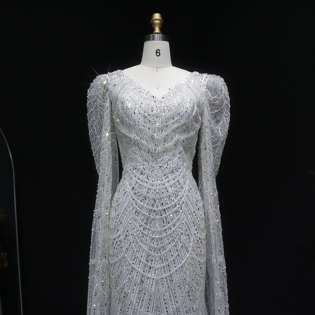 Luxury White Feather Evening Dress with Cape Sleeves SS683