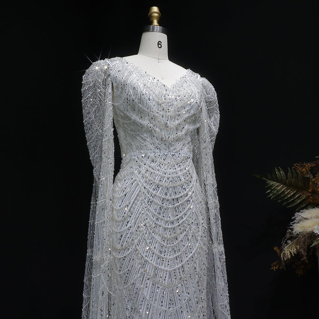 Luxury White Feather Evening Dress with Cape Sleeves SS683