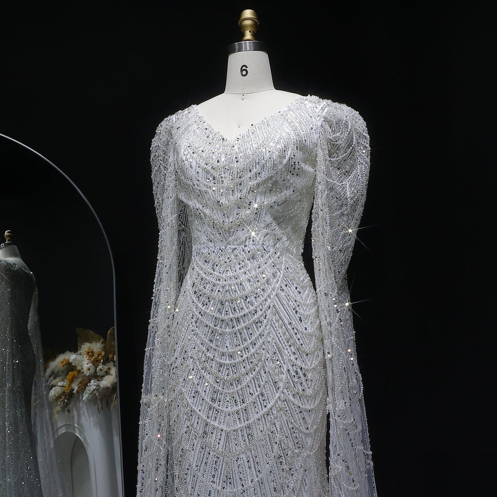 Luxury White Feather Evening Dress with Cape Sleeves SS683
