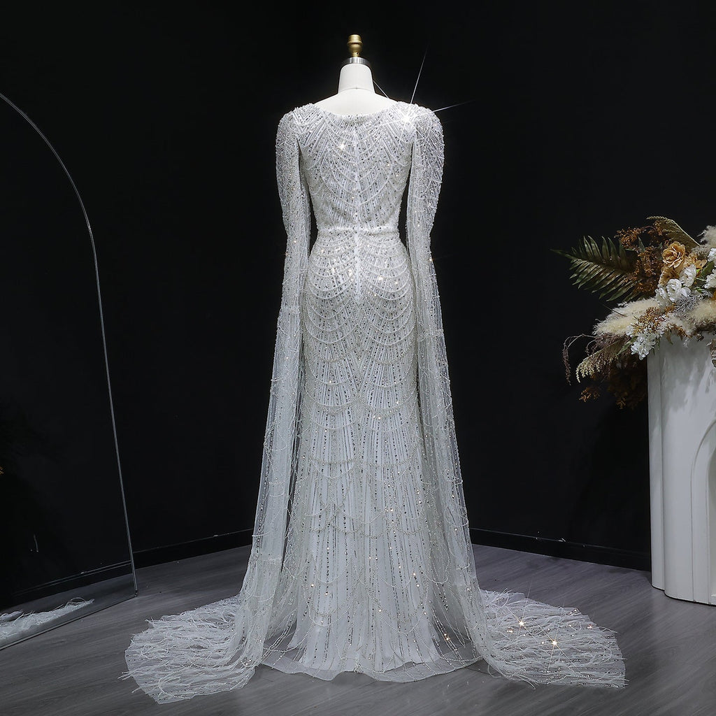 Luxury White Feather Evening Dress with Cape Sleeves SS683