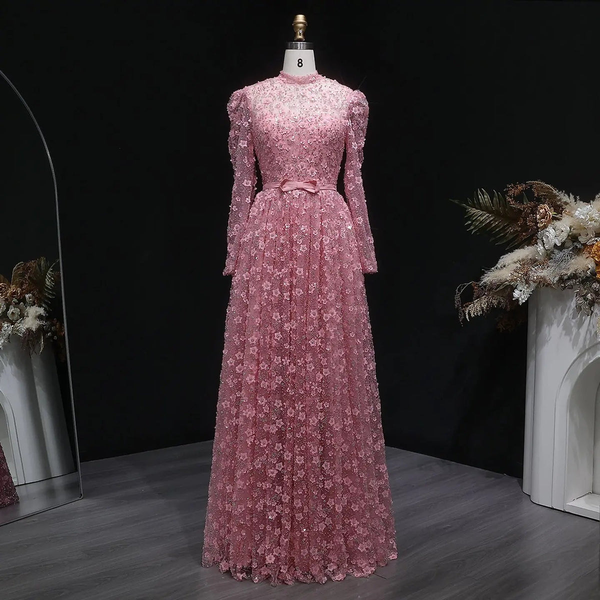 Luxury Delicate Pink 3D Floral Evening Dress with ruffles SS700