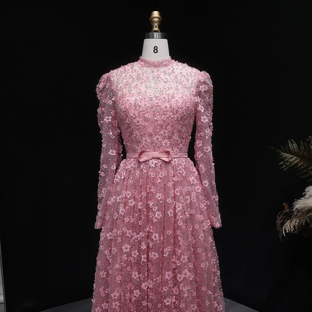 Luxury Delicate Pink 3D Floral Evening Dress with ruffles SS700
