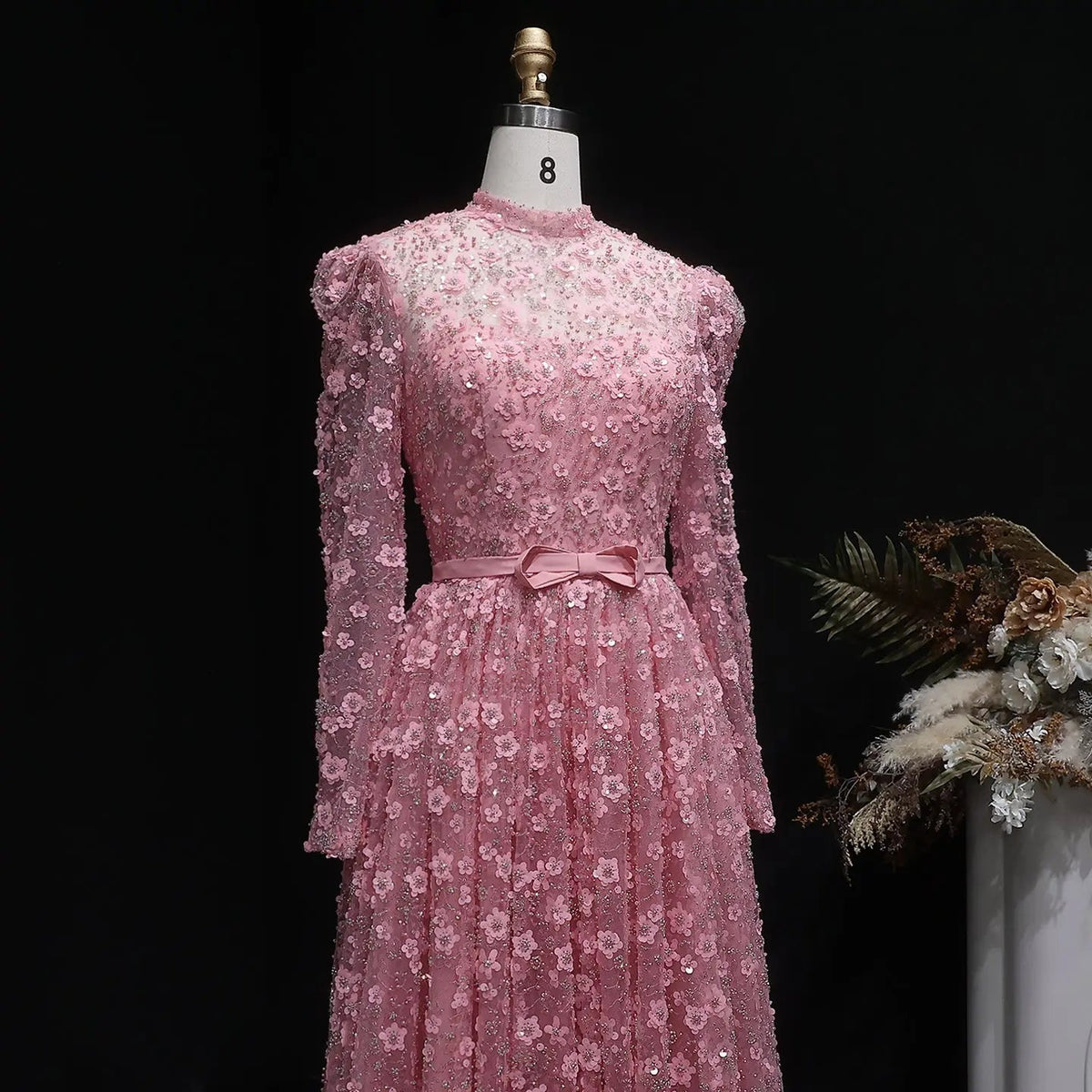 Luxury Delicate Pink 3D Floral Evening Dress with ruffles SS700