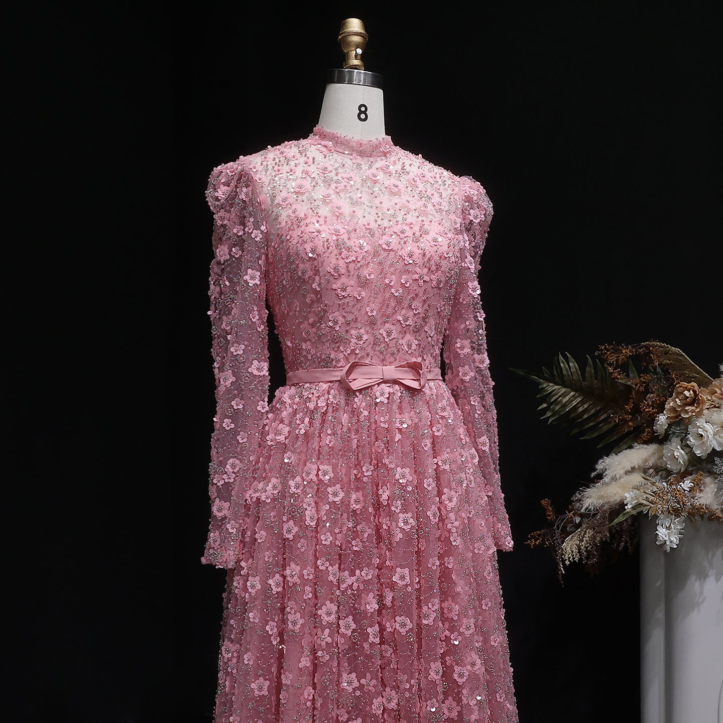 Luxury Delicate Pink 3D Floral Evening Dress with ruffles SS700