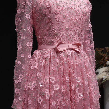 Luxury Delicate Pink 3D Floral Evening Dress with ruffles SS700