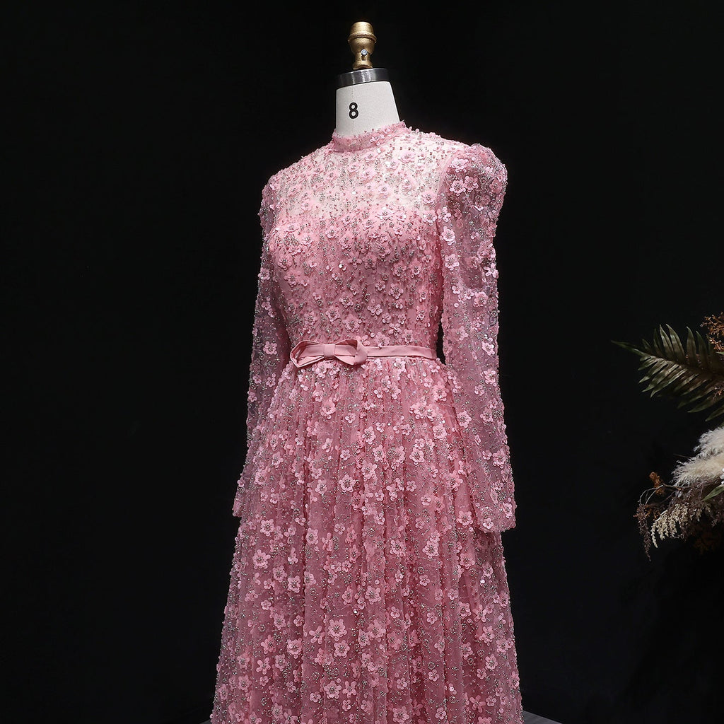 Luxury Delicate Pink 3D Floral Evening Dress with ruffles SS700