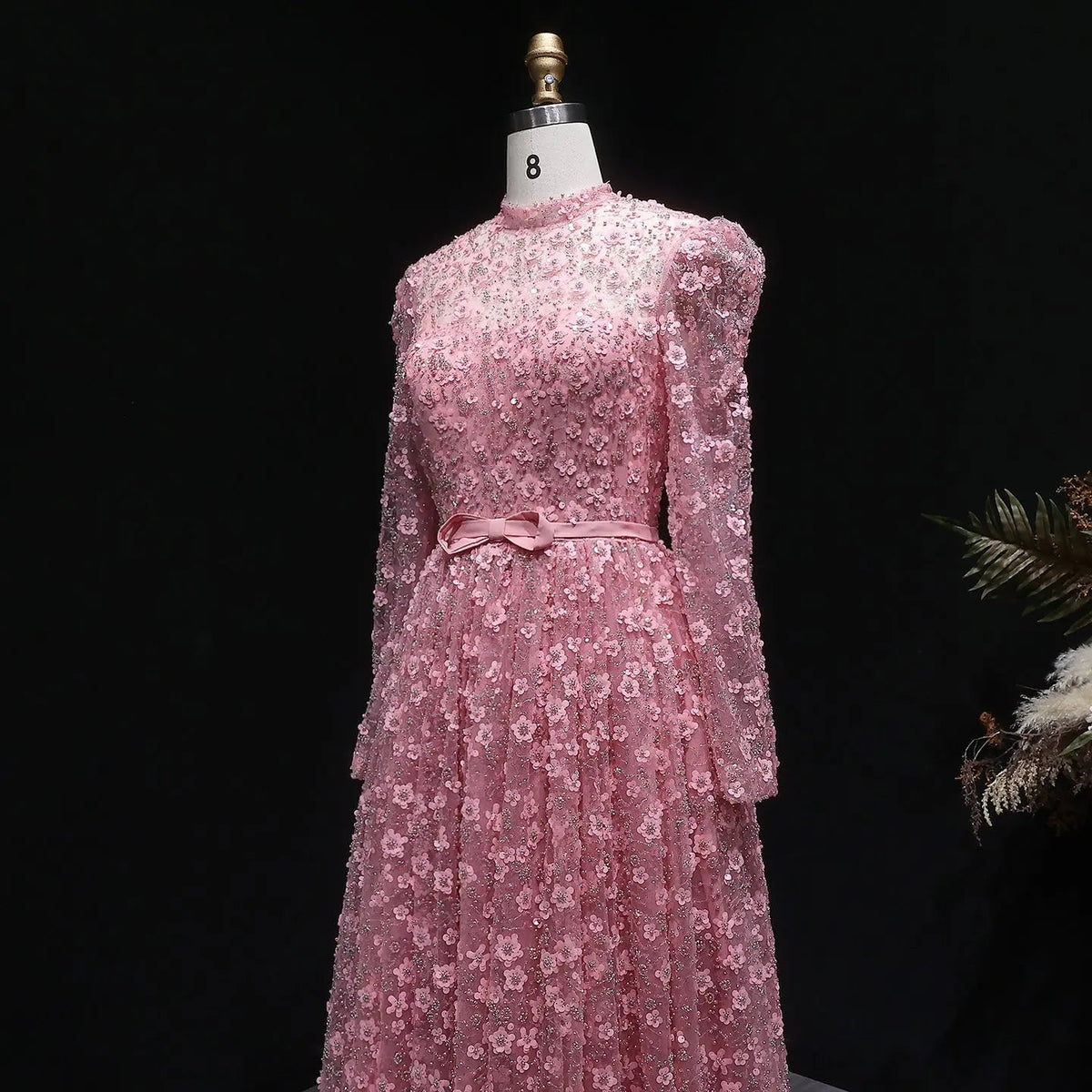 Luxury Delicate Pink 3D Floral Evening Dress with ruffles SS700